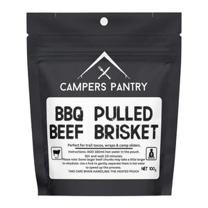 Black package of Campers Pantry BBQ Pulled Beef Brisket freeze dried hiking food