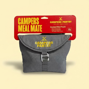 CAMPERS PANTRY - CAMPERS MEAL MATE Insulated Meal Pouch. Grey fabric with cheesy yellow 'Campers Pantry' logo branding on a white background. For carrying your jetfoil and heating your hiking food