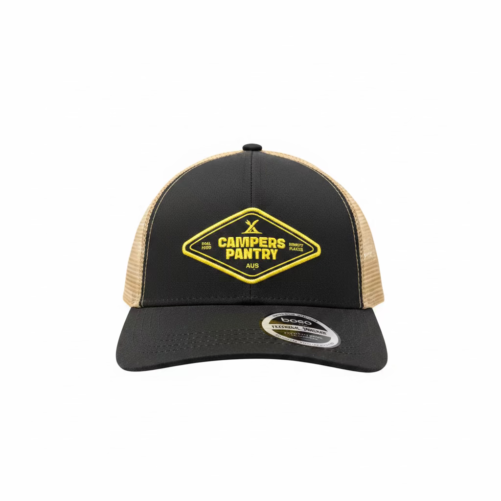Man wearing a Campers Pantry Technical Truckers cap. He's probably thinking "yeah I can't wait to hook into my Campers Pantry Penne Bolognese dinner tonight".