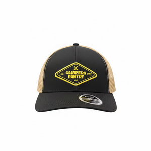 Campers Pantry KALE and CREAM trucker cap with a new CAMPERS PANTRY logo printed and stitched detail