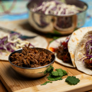 Campers Pantry Slow Cooked Chipotle Pulled Beef freeze dried for hiking food. Served here in tacos and slaw. 