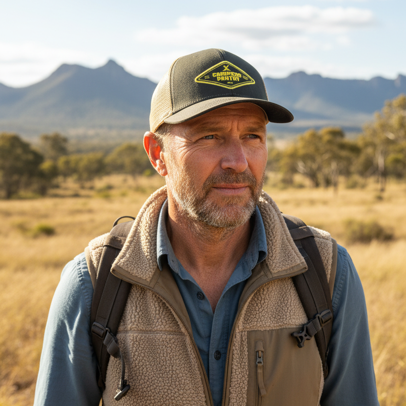 Man wearing a Campers Pantry Technical Truckers cap. He's probably thinking "yeah I can't wait to hook into my Campers Pantry Penne Bolognese dinner tonight".
