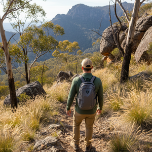 Some dude day hiking and keeping the sun off his nose with a Campers Pantry Technical Trucker cap. 