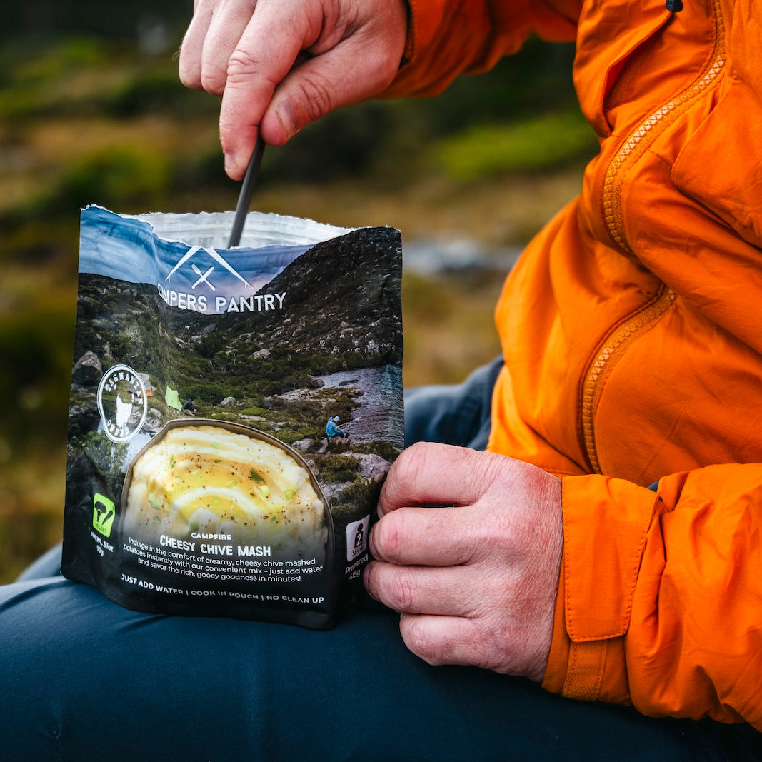Campers Pantry Cheesy Chive Mash. A perfect accompaniment for a meal or on its own. Lightweight hiking food for your next adventure.