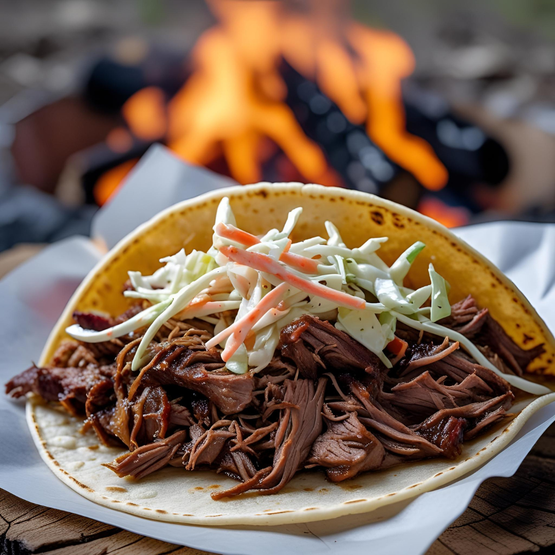 Taco with freeze dried slow cooked pulled beef and coleslaw served in a soft taco in front of a campfire