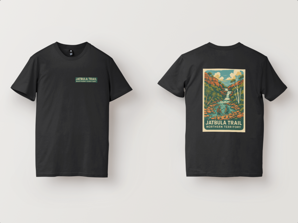 Black Trail Tee t-shirt with 'Jatbula Trail' design on a white background.
