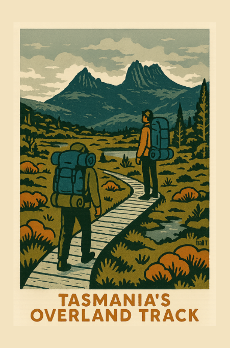A Overland Track Trail sticker depicting two hikers on a trail with Cradle Mountain in the background, titled 'Tasmania's Overland Track'.
